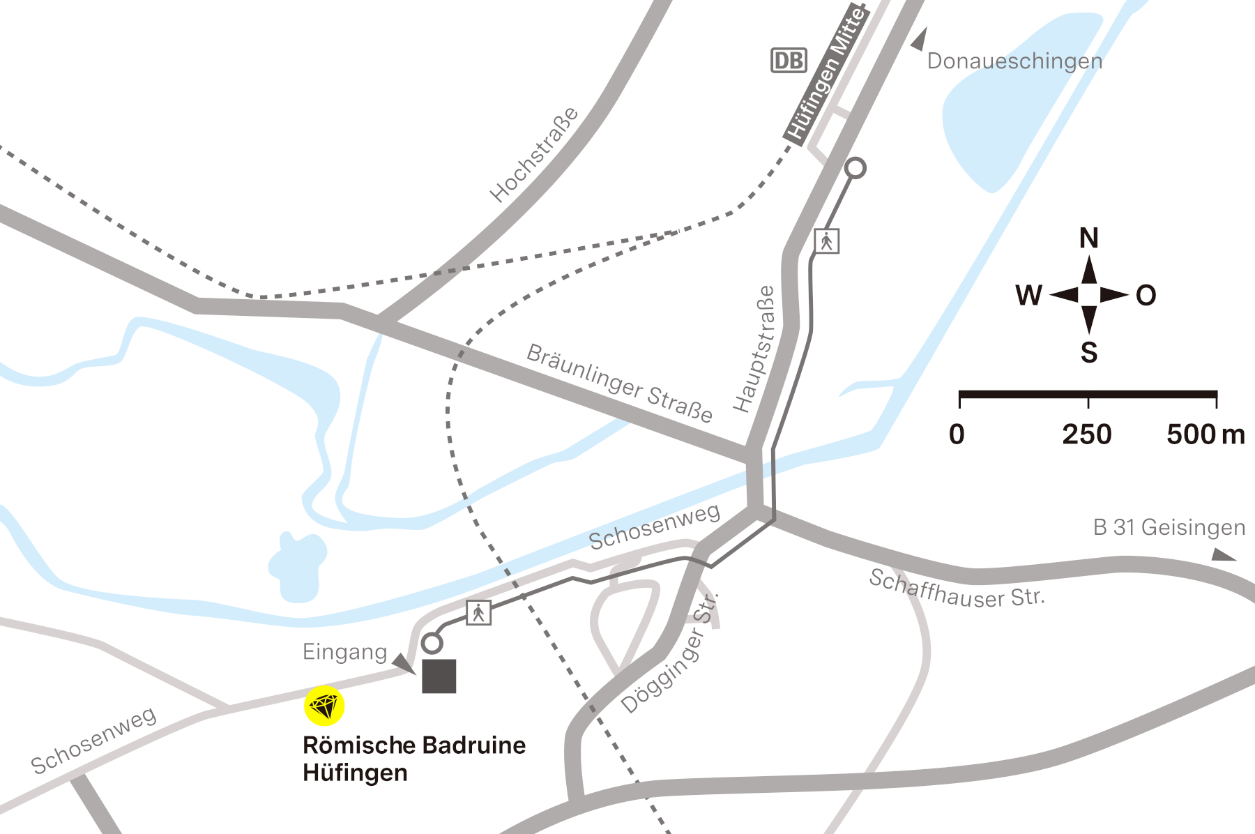 Anfahrtsskizze zur Römischen Badruine Hüfingen