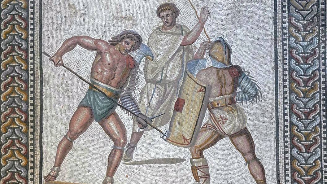 Gladiatorenkampf, restauriertes Mosaik, 3. Jahrhundert nach Christus